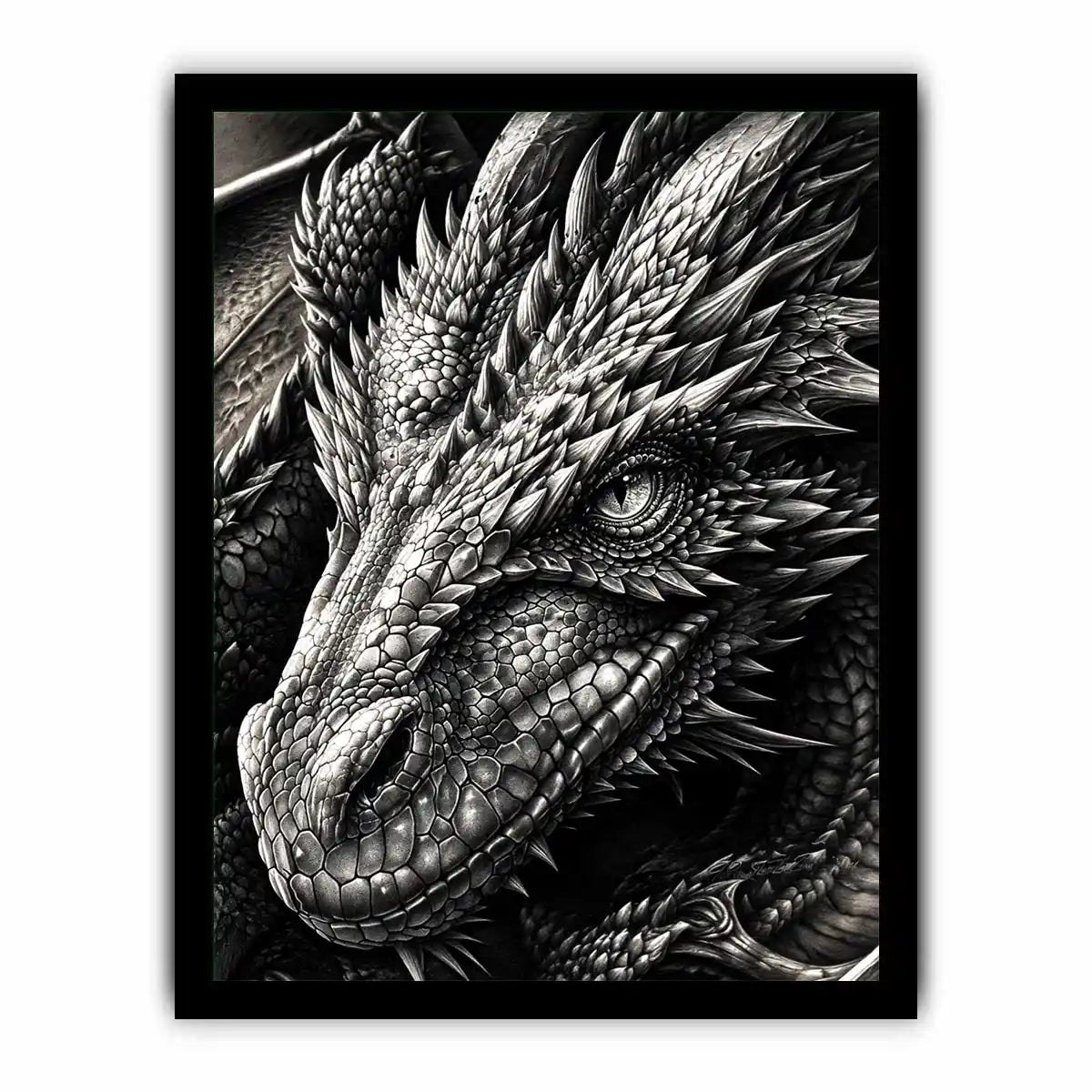 Detailed black and white dragon wall art with intricate fantasy scales and powerful mythical creature illustration