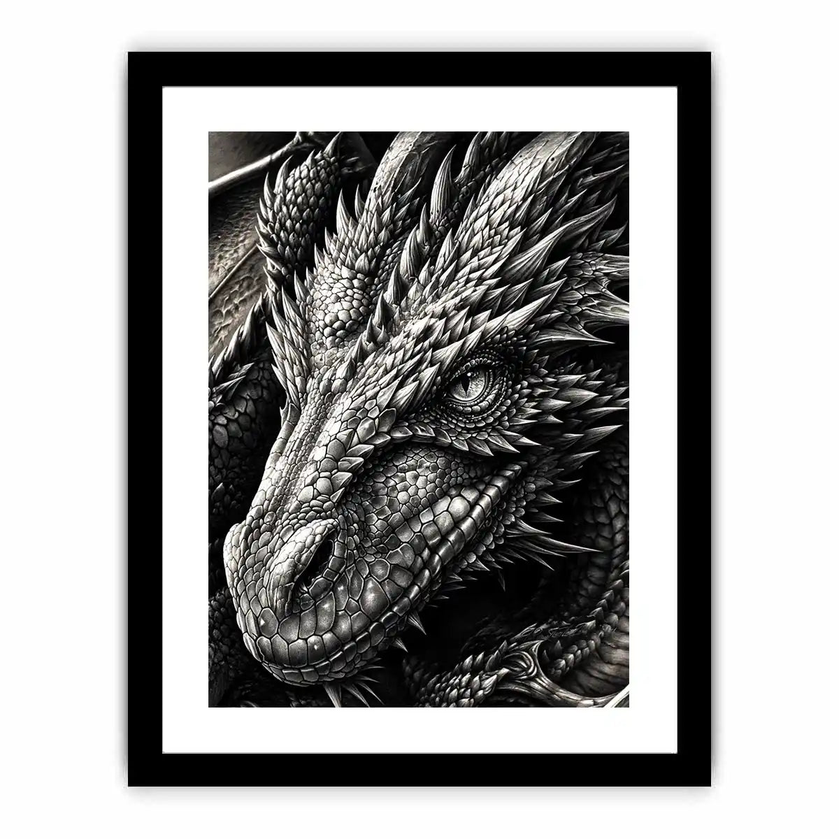 Detailed black and white dragon wall art with intricate fantasy scales and powerful mythical creature illustration