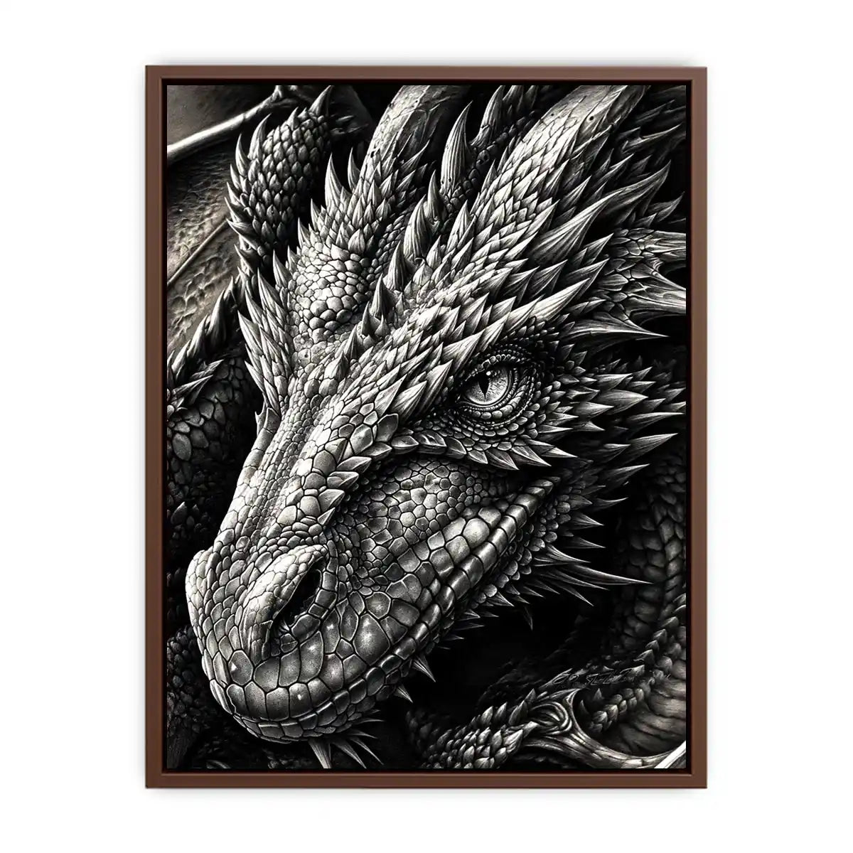 Detailed black and white dragon wall art with intricate fantasy scales and powerful mythical creature illustration