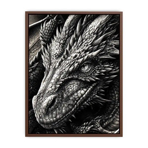 Detailed black and white dragon wall art with intricate fantasy scales and powerful mythical creature illustration