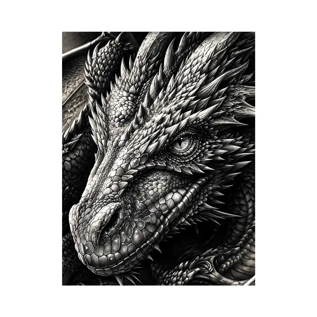 Detailed black and white dragon wall art with intricate fantasy scales and powerful mythical creature illustration