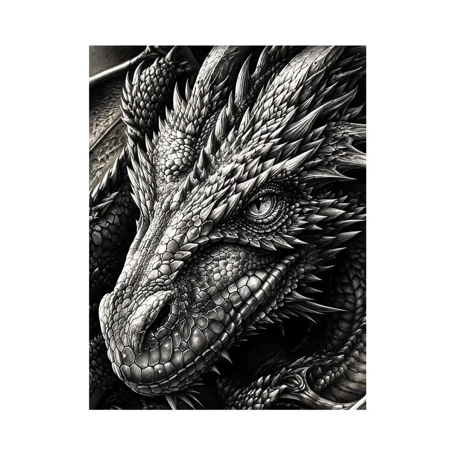Detailed black and white dragon wall art with intricate fantasy scales and powerful mythical creature illustration