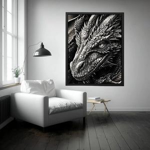 Detailed black and white dragon wall art with intricate fantasy scales and powerful mythical creature illustration