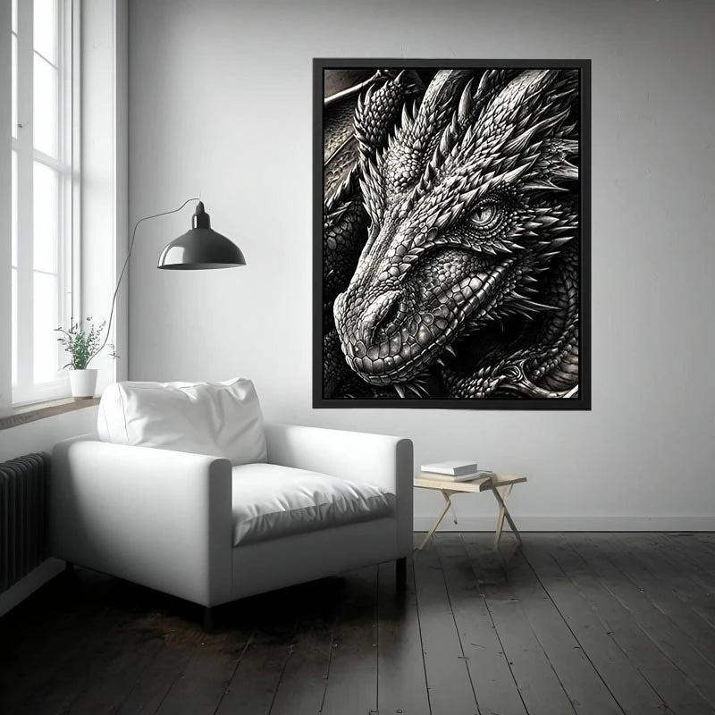 Detailed black and white dragon wall art with intricate fantasy scales and powerful mythical creature illustration