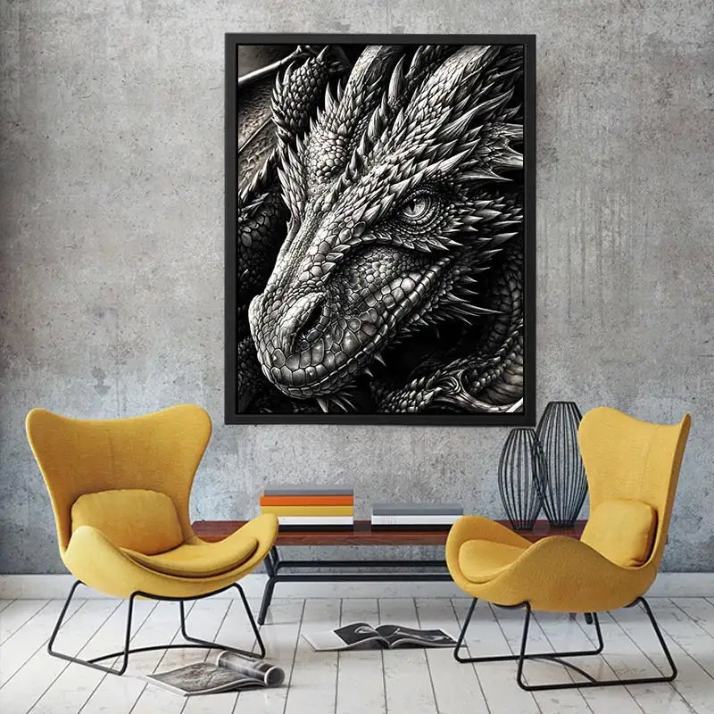 Detailed black and white dragon wall art with intricate fantasy scales and powerful mythical creature illustration