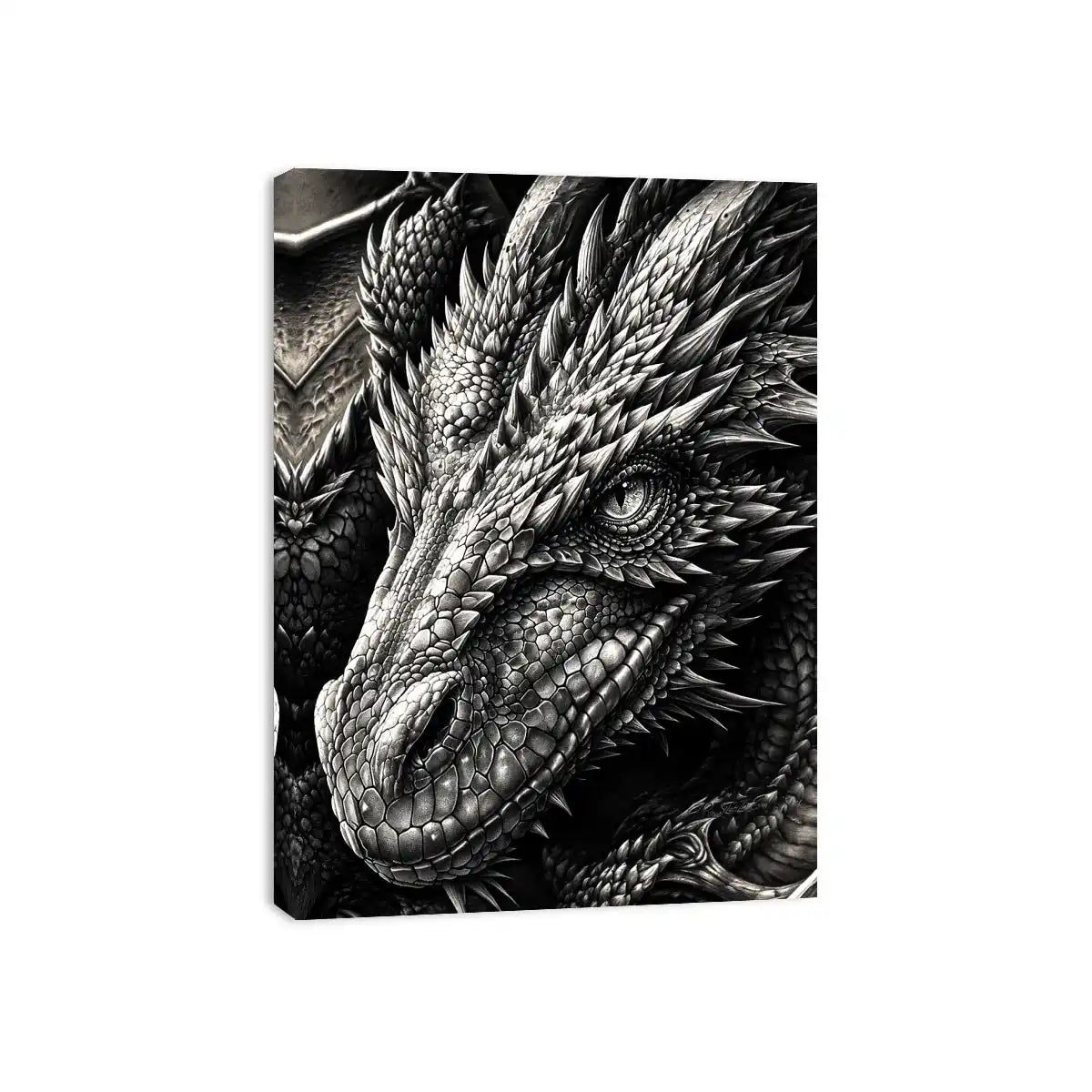 Detailed black and white dragon wall art with intricate fantasy scales and powerful mythical creature illustration