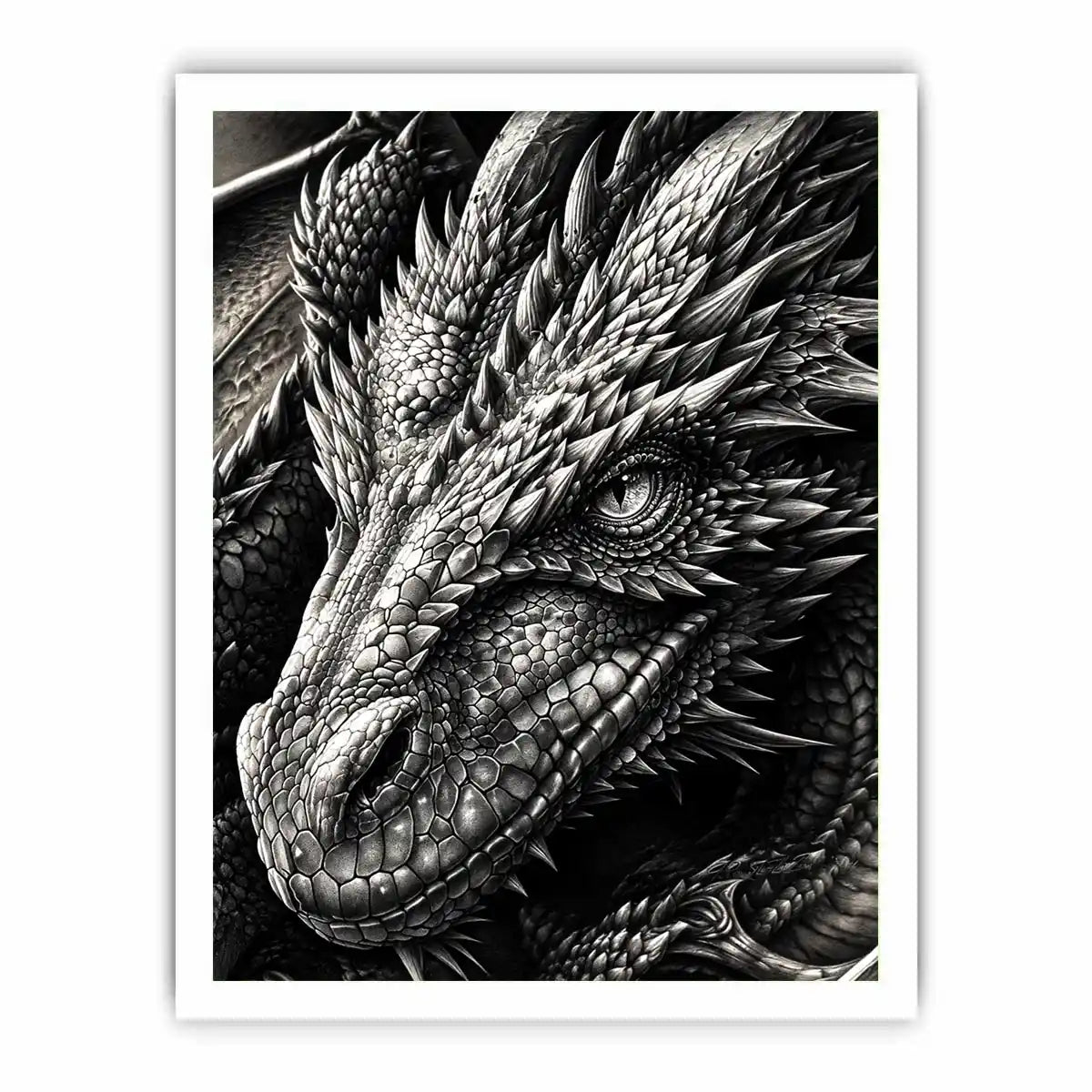 Detailed black and white dragon wall art with intricate fantasy scales and powerful mythical creature illustration