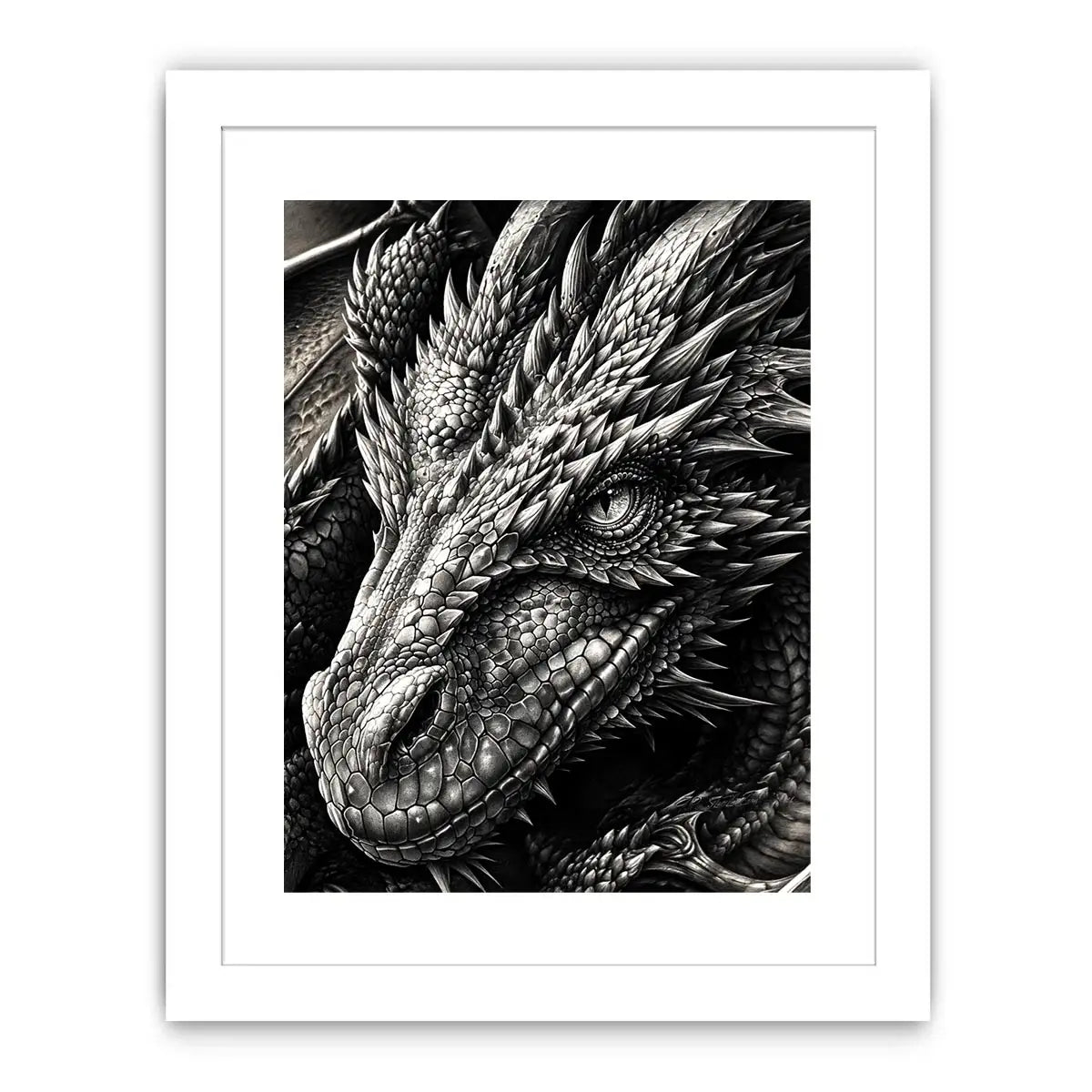 Detailed black and white dragon wall art with intricate fantasy scales and powerful mythical creature illustration