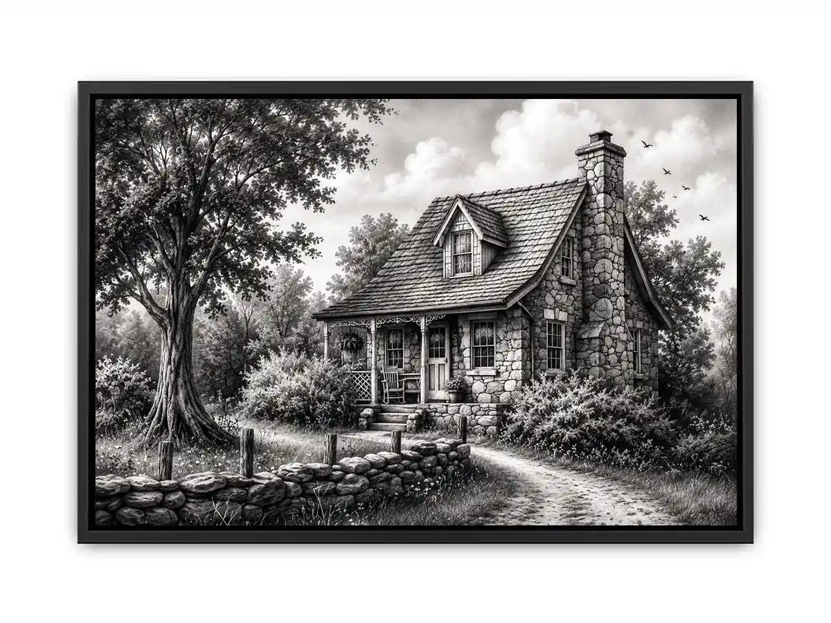 Black and white cottage wall art with rustic stone house and peaceful countryside landscape illustration