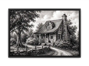 Black and white cottage wall art with rustic stone house and peaceful countryside landscape illustration