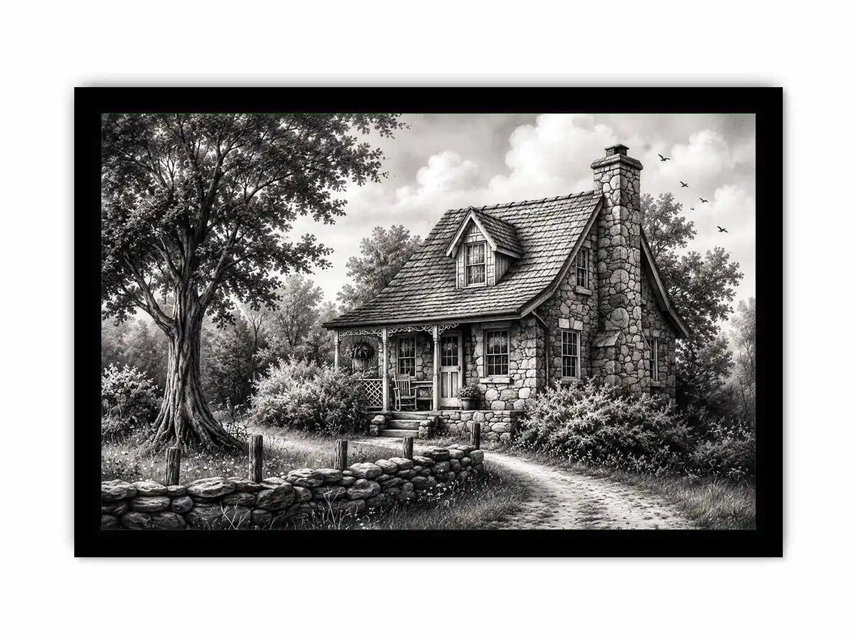 Black and white cottage wall art with rustic stone house and peaceful countryside landscape illustration