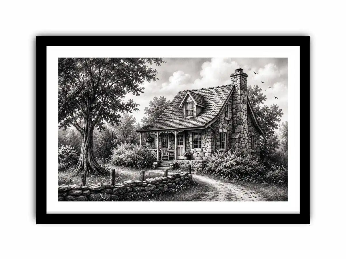 Black and white cottage wall art with rustic stone house and peaceful countryside landscape illustration
