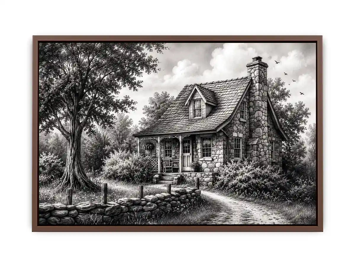 Black and white cottage wall art with rustic stone house and peaceful countryside landscape illustration