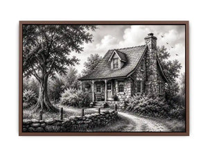 Black and white cottage wall art with rustic stone house and peaceful countryside landscape illustration