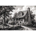 Black and white cottage wall art with rustic stone house and peaceful countryside landscape illustration