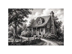 Black and white cottage wall art with rustic stone house and peaceful countryside landscape illustration