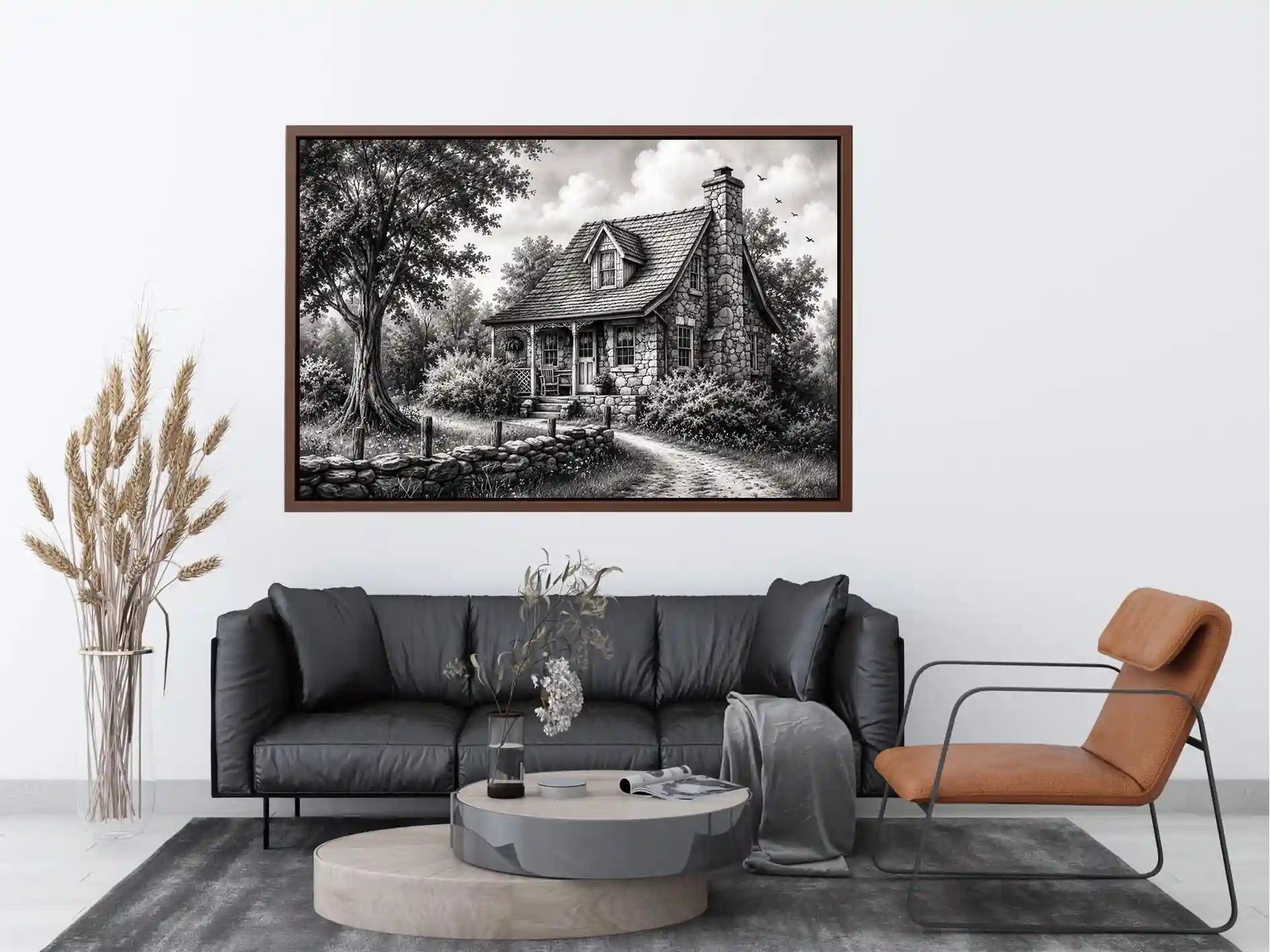 Black and white cottage wall art with rustic stone house and peaceful countryside landscape illustration