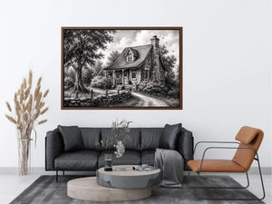Black and white cottage wall art with rustic stone house and peaceful countryside landscape illustration
