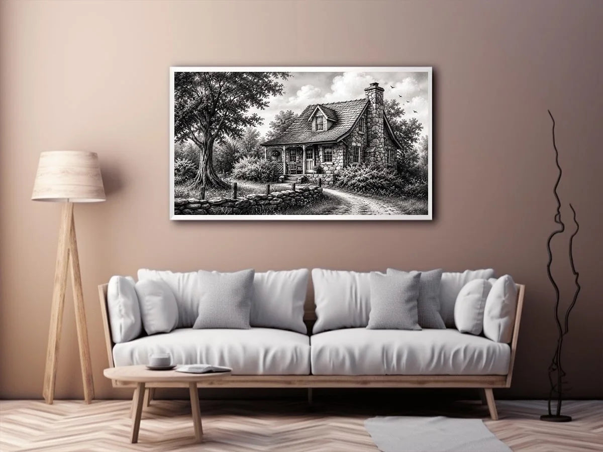Black and white cottage wall art with rustic stone house and peaceful countryside landscape illustration