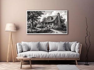 Black and white cottage wall art with rustic stone house and peaceful countryside landscape illustration
