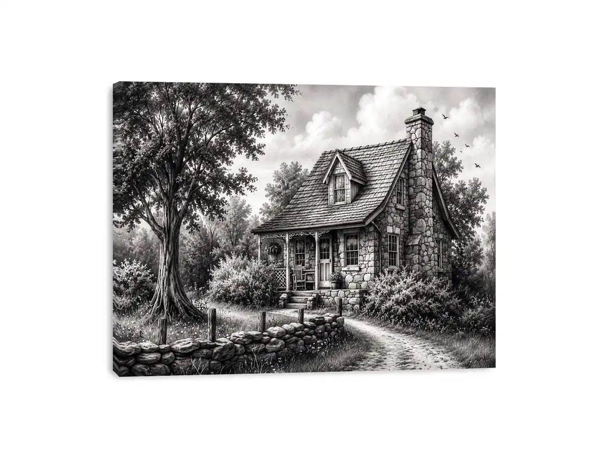 Black and white cottage wall art with rustic stone house and peaceful countryside landscape illustration