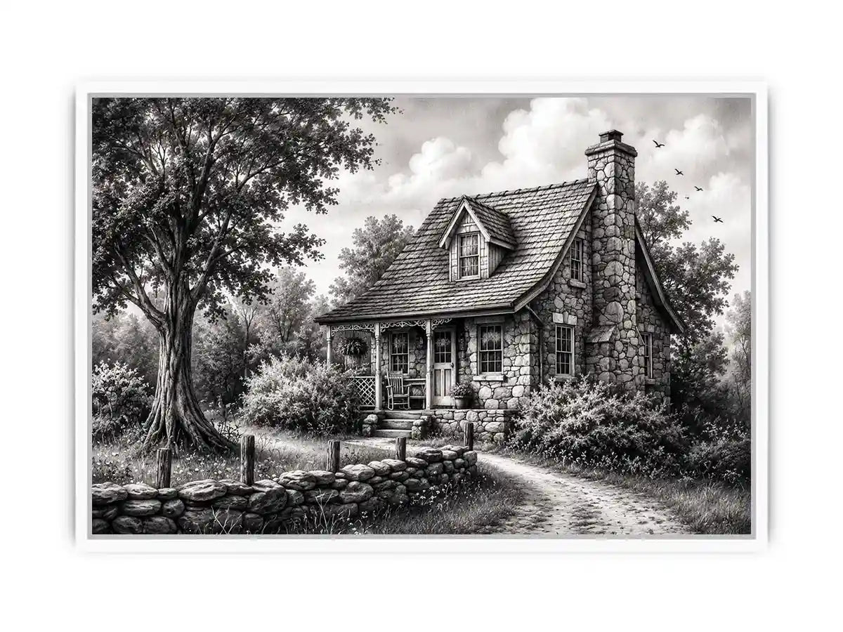 Black and white cottage wall art with rustic stone house and peaceful countryside landscape illustration