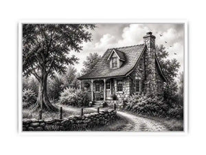 Black and white cottage wall art with rustic stone house and peaceful countryside landscape illustration