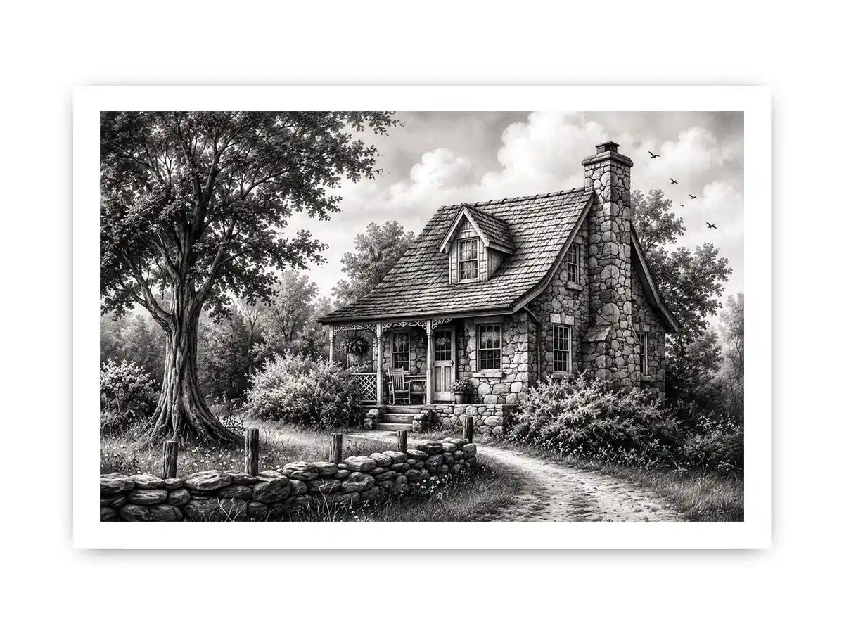 Black and white cottage wall art with rustic stone house and peaceful countryside landscape illustration