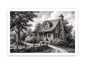 Black and white cottage wall art with rustic stone house and peaceful countryside landscape illustration