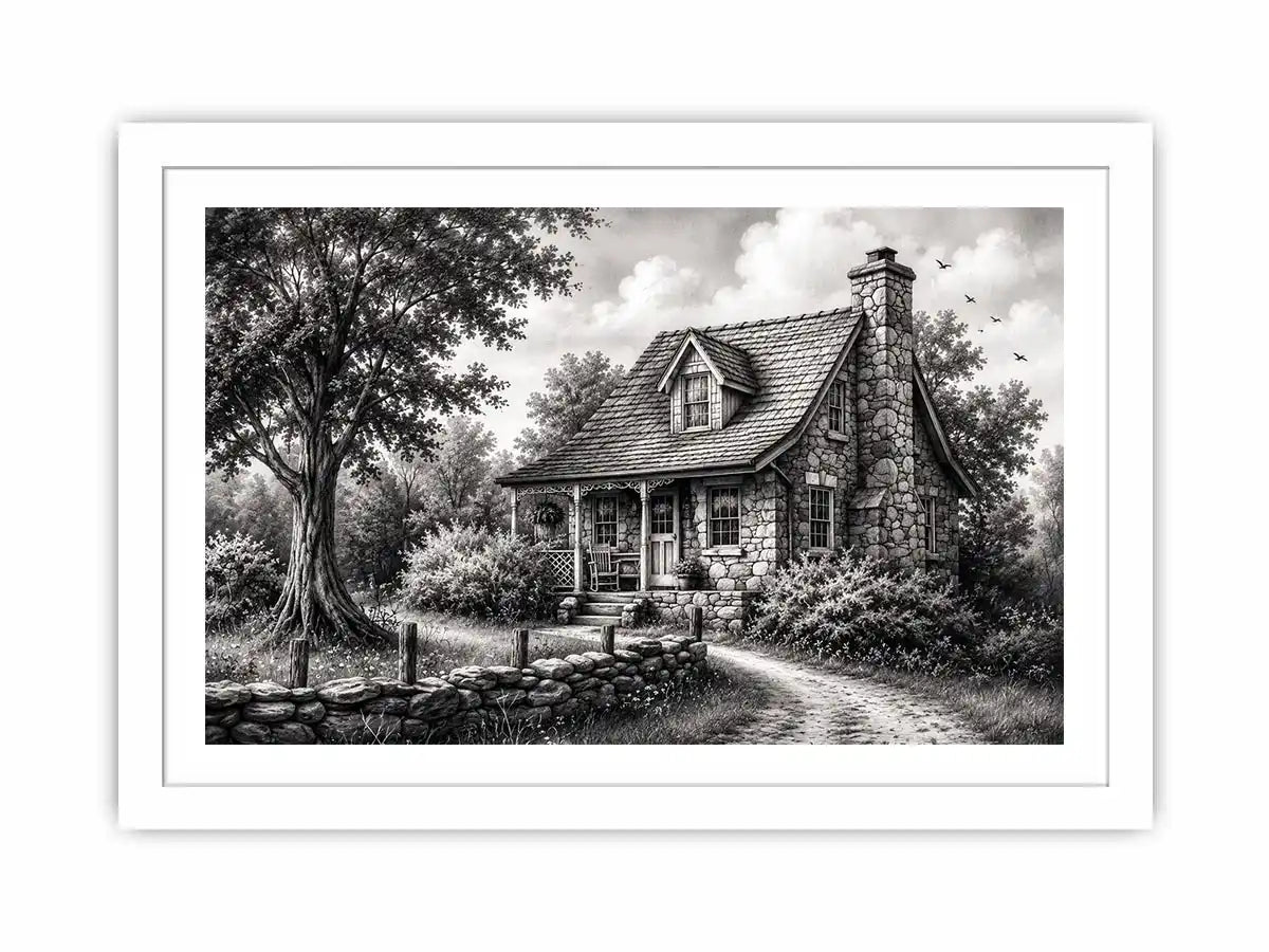 Black and white cottage wall art with rustic stone house and peaceful countryside landscape illustration