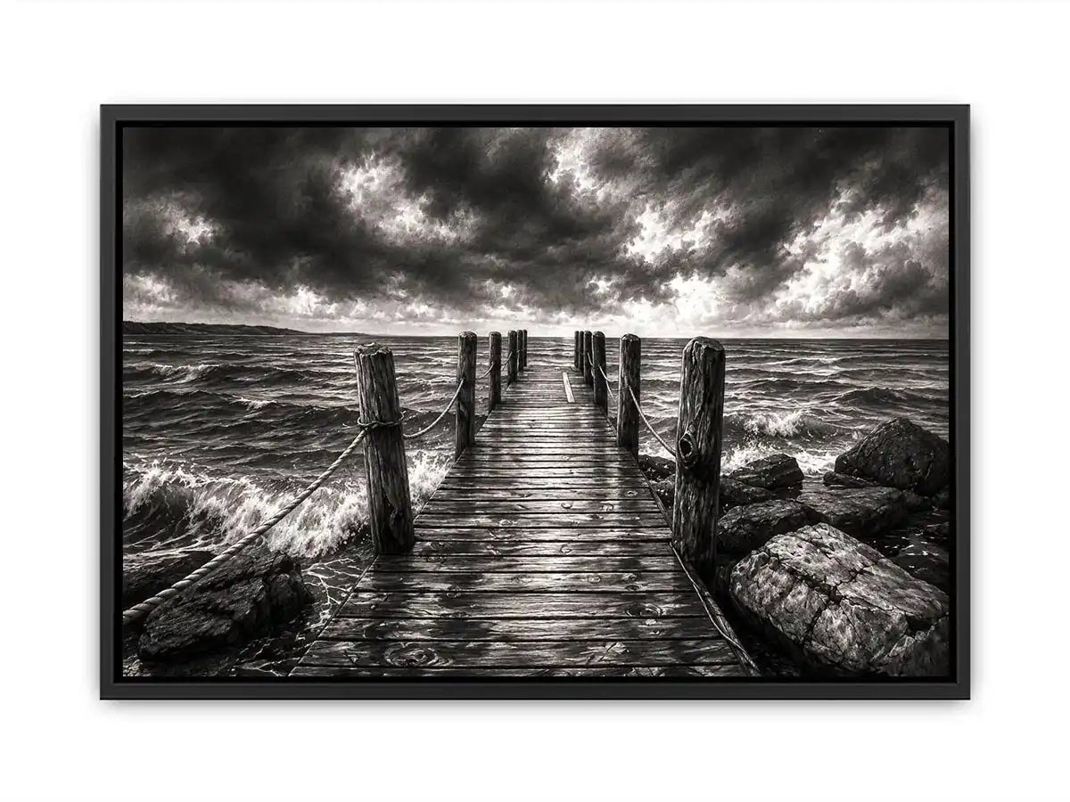 Black and white ocean pier wall art with dramatic coastal waves and minimalist nautical landscape aesthetic