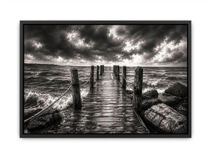 Black and white ocean pier wall art with dramatic coastal waves and minimalist nautical landscape aesthetic