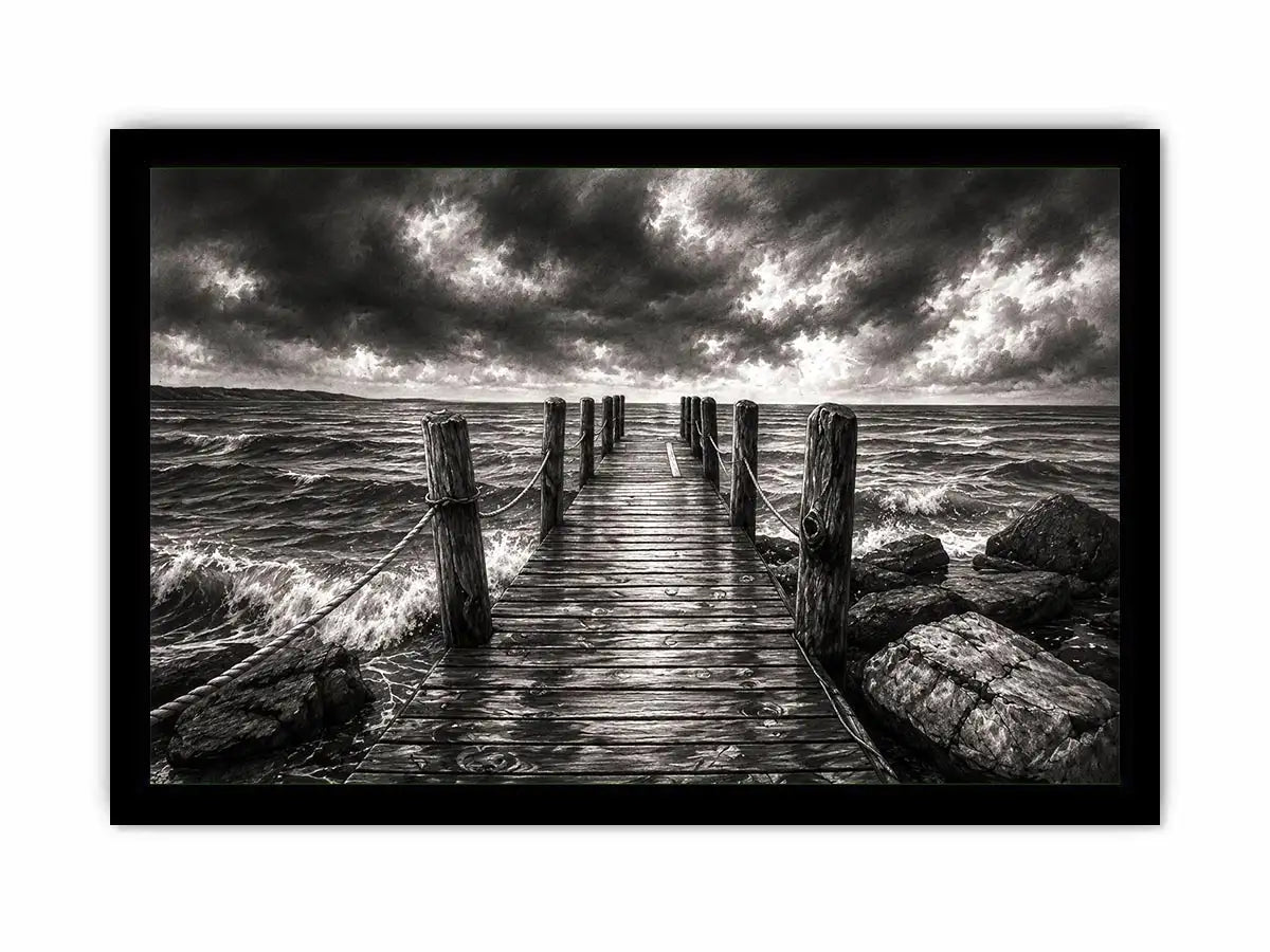 Black and white ocean pier wall art with dramatic coastal waves and minimalist nautical landscape aesthetic
