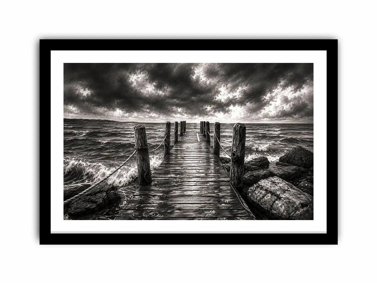 Black and white ocean pier wall art with dramatic coastal waves and minimalist nautical landscape aesthetic