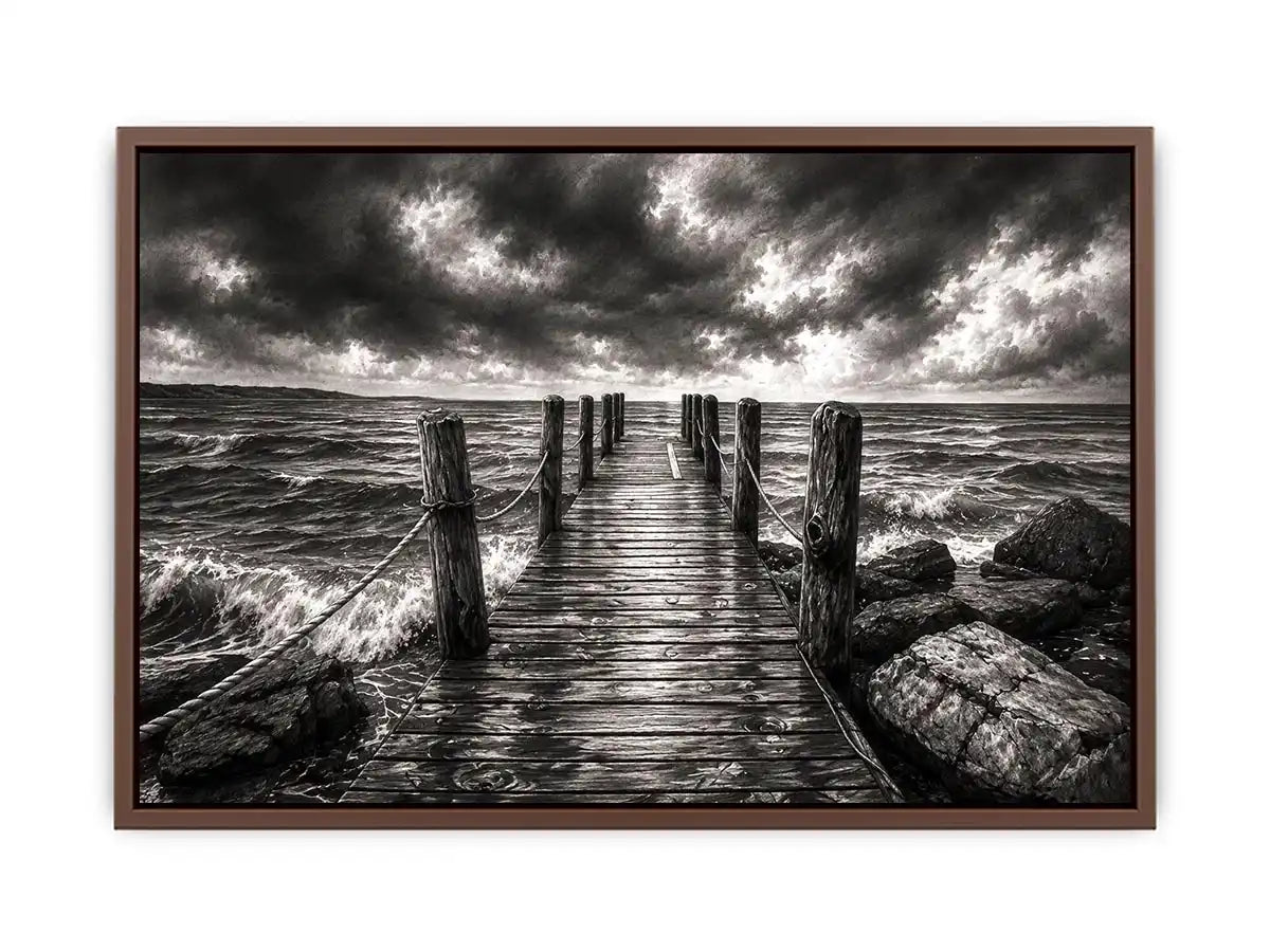 Black and white ocean pier wall art with dramatic coastal waves and minimalist nautical landscape aesthetic