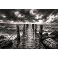Black and white ocean pier wall art with dramatic coastal waves and minimalist nautical landscape aesthetic