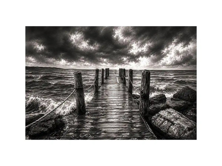 Black and white ocean pier wall art with dramatic coastal waves and minimalist nautical landscape aesthetic