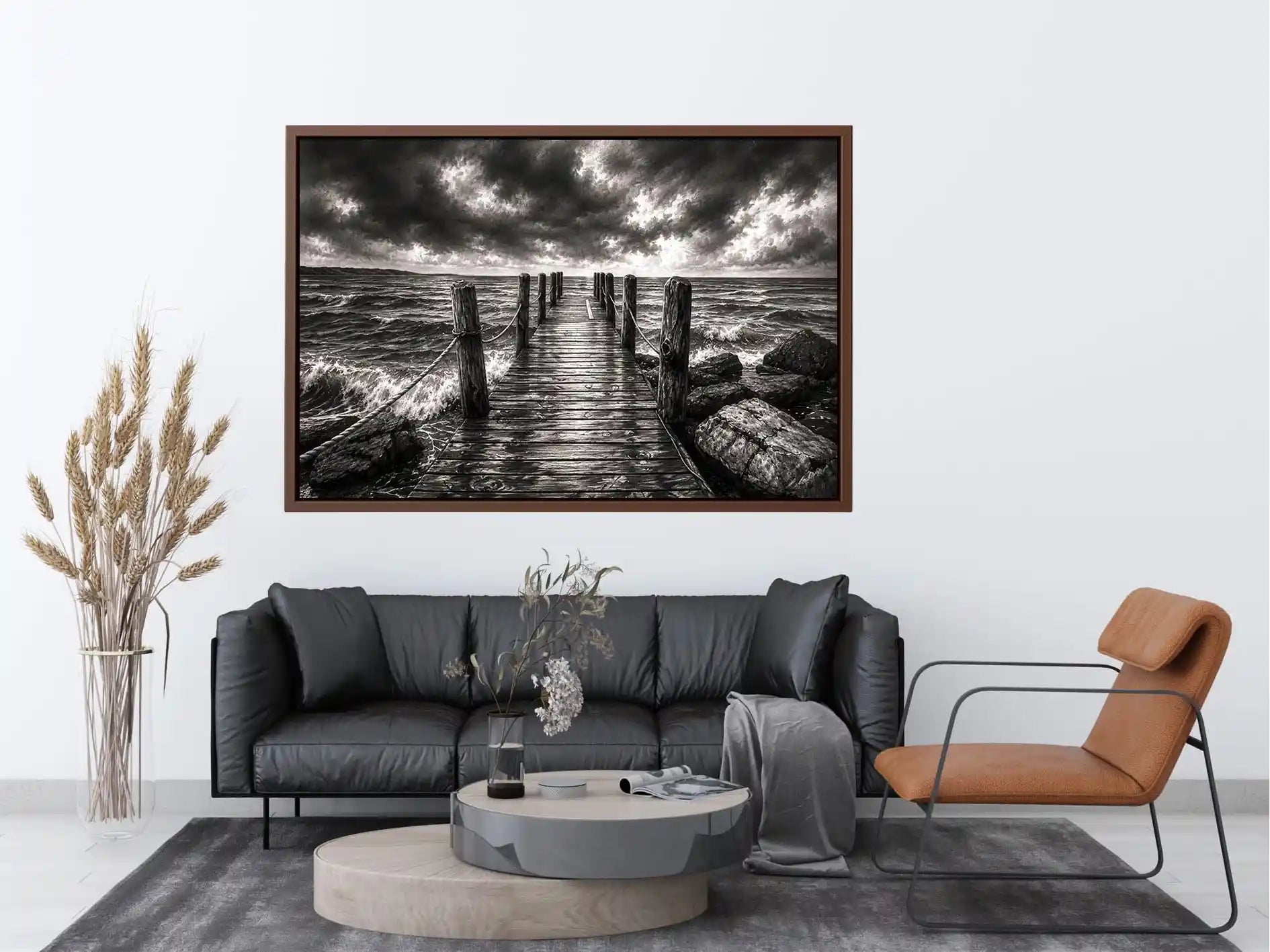 Black and white ocean pier wall art with dramatic coastal waves and minimalist nautical landscape aesthetic