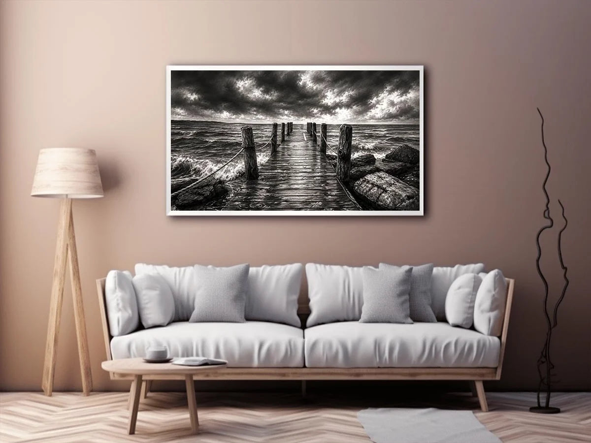 Black and white ocean pier wall art with dramatic coastal waves and minimalist nautical landscape aesthetic
