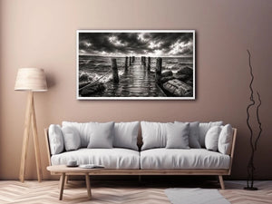 Black and white ocean pier wall art with dramatic coastal waves and minimalist nautical landscape aesthetic