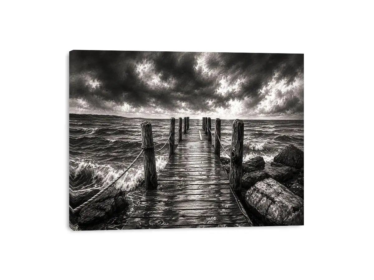 Black and white ocean pier wall art with dramatic coastal waves and minimalist nautical landscape aesthetic