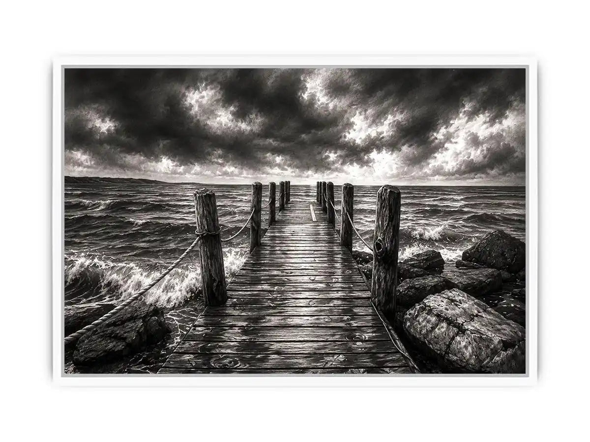 Black and white ocean pier wall art with dramatic coastal waves and minimalist nautical landscape aesthetic
