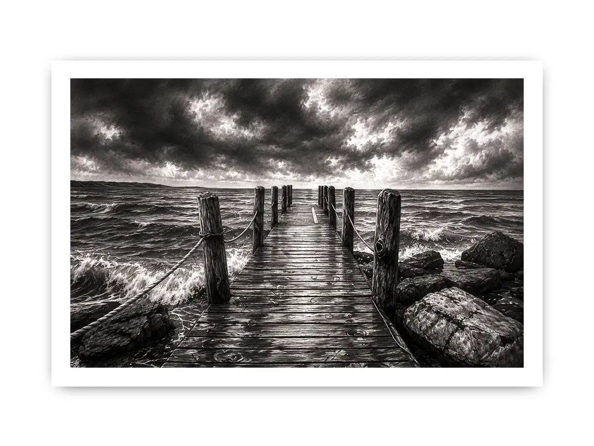 Black and white ocean pier wall art with dramatic coastal waves and minimalist nautical landscape aesthetic