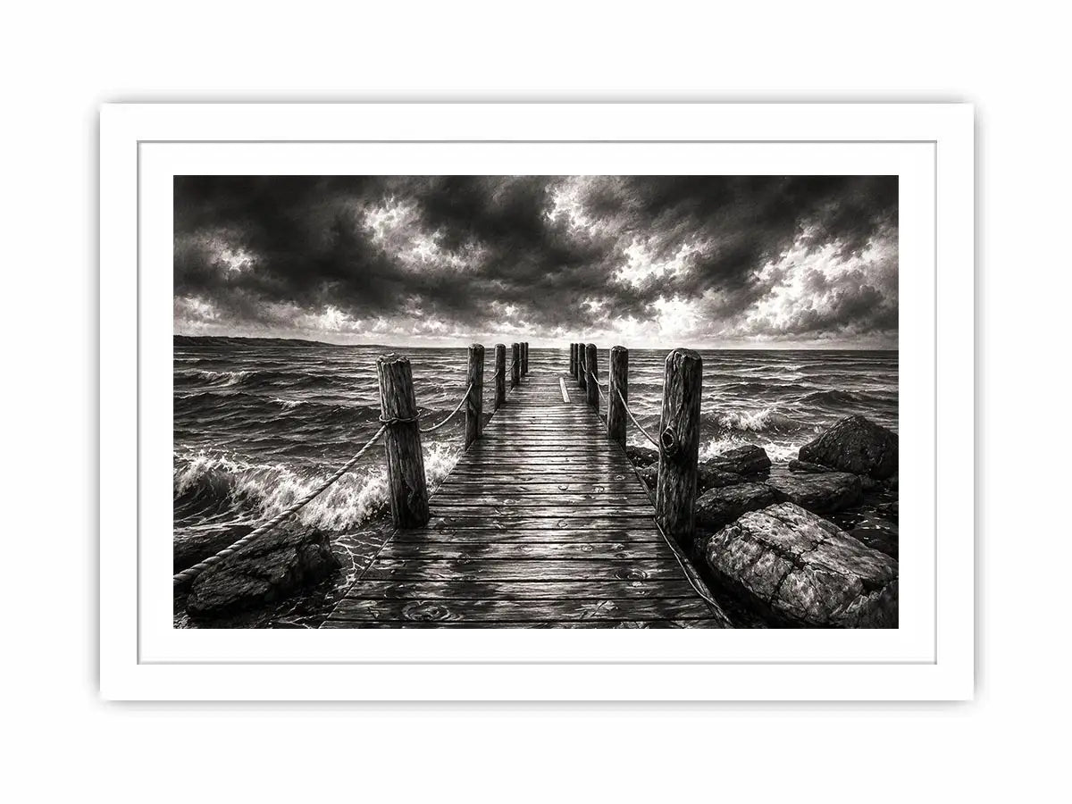 Black and white ocean pier wall art with dramatic coastal waves and minimalist nautical landscape aesthetic