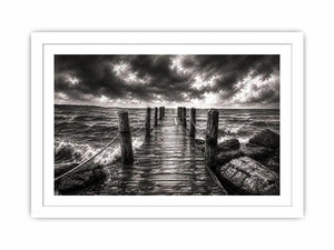 Black and white ocean pier wall art with dramatic coastal waves and minimalist nautical landscape aesthetic