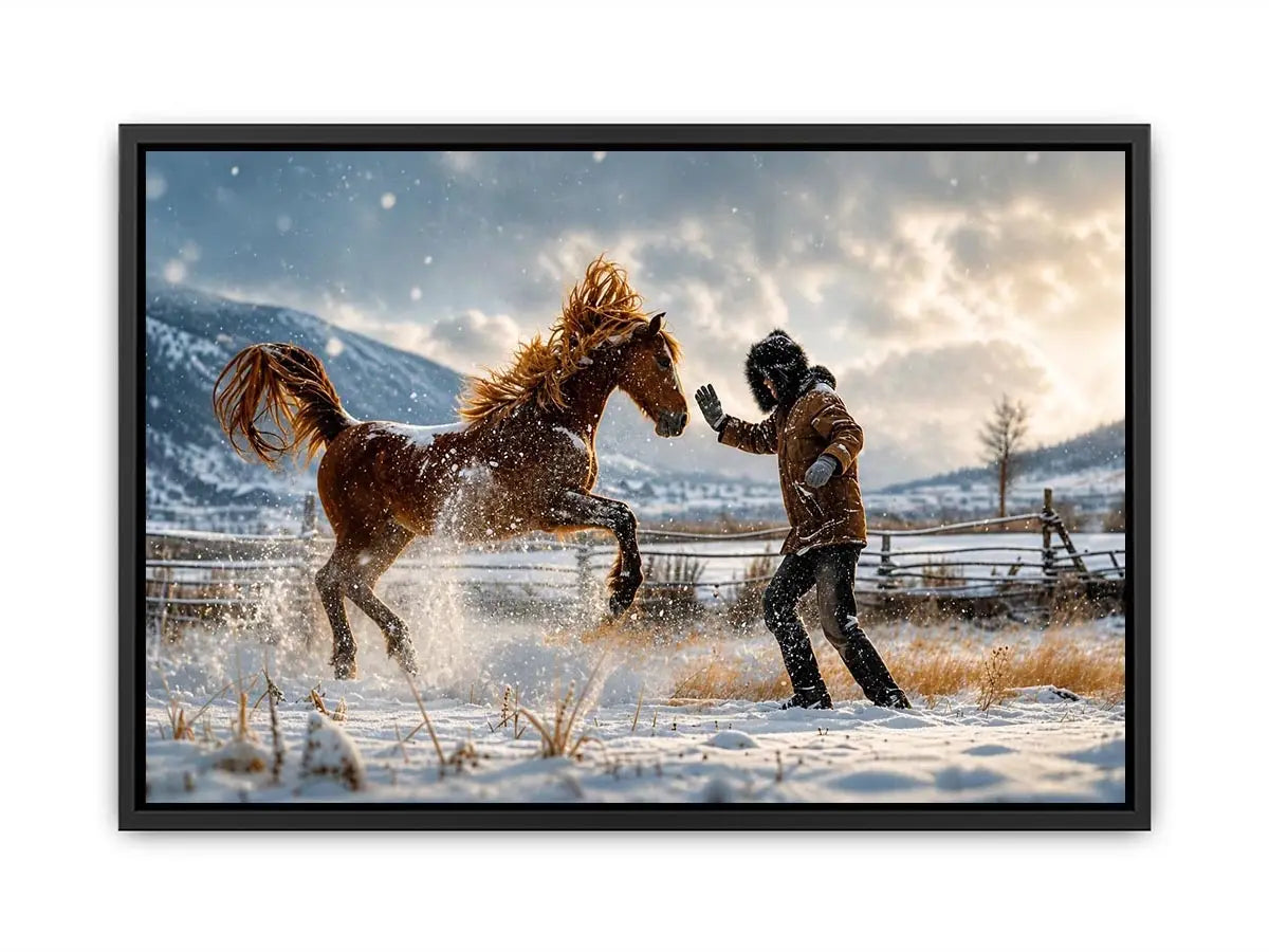 Cinematic winter horse photography wall art canvas with man and rearing horse in snow, dramatic rustic modern decor