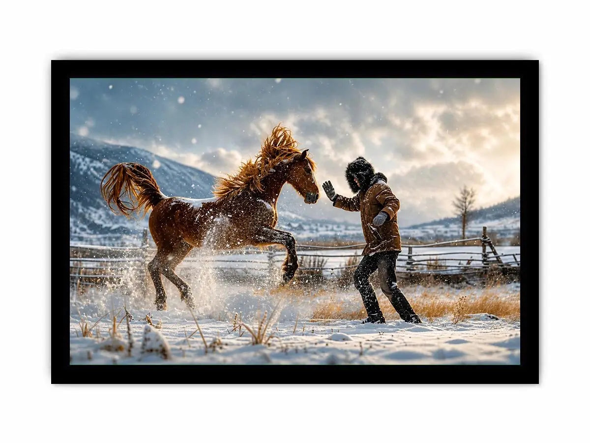 Cinematic winter horse photography wall art canvas with man and rearing horse in snow, dramatic rustic modern decor