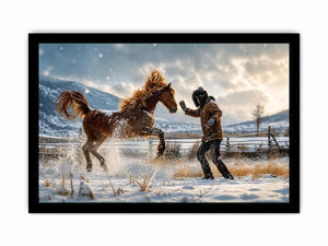 Cinematic winter horse photography wall art canvas with man and rearing horse in snow, dramatic rustic modern decor