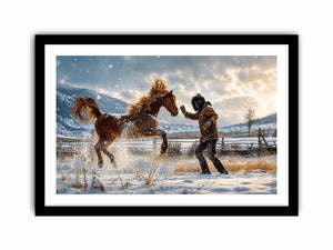 Cinematic winter horse photography wall art canvas with man and rearing horse in snow, dramatic rustic modern decor