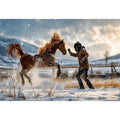 Cinematic winter horse photography wall art canvas with man and rearing horse in snow, dramatic rustic modern decor